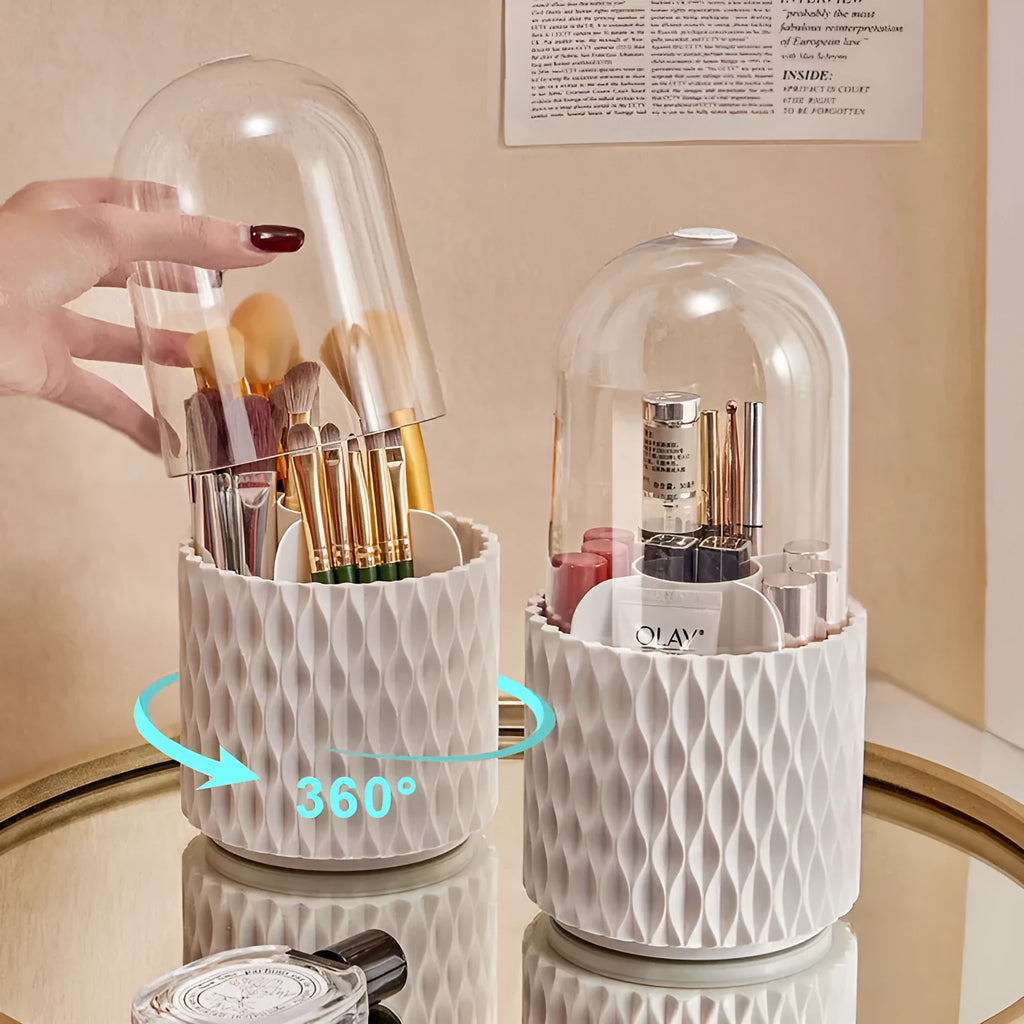 White rotating acrylic makeup brush storage box with transparent lid on desktop
