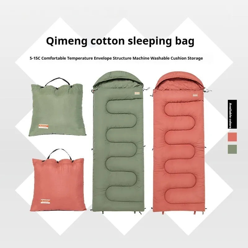 Ochre and olive green cotton sleeping bag with 300g/m² fill, packed to 40cm x 20cm for camping