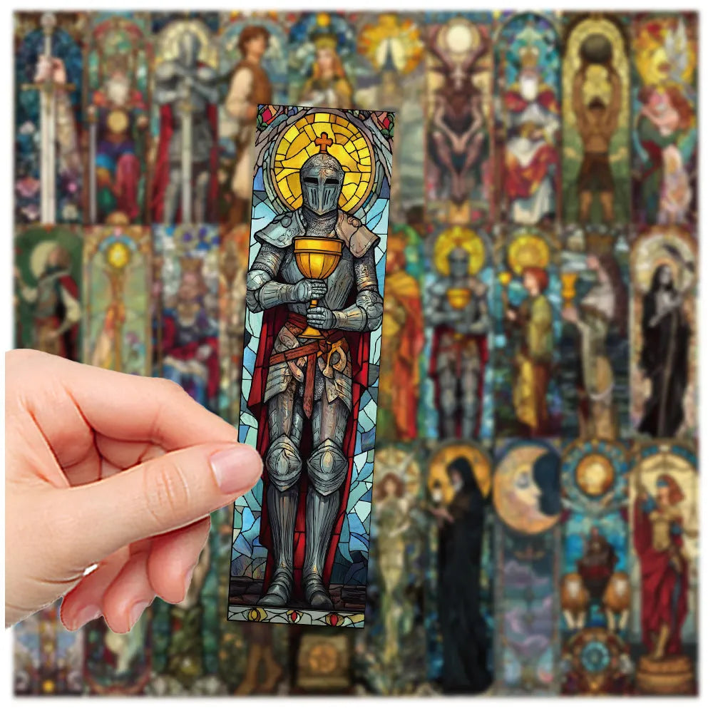 30 handmade paper bookmarks with painted tarot designs, each measuring 5.5cm by 15cm