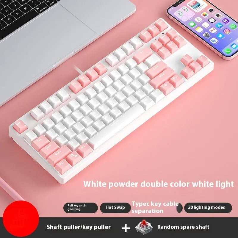 87-key wired mechanical keyboard with two-tone keycaps and metal frame, showing compact design and included tools