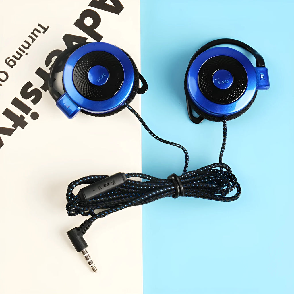 Hanging earhook wired earphones with extra low bass, 3.5mm curved plug, 1.2m woven cable, 40mm driver, five colours
