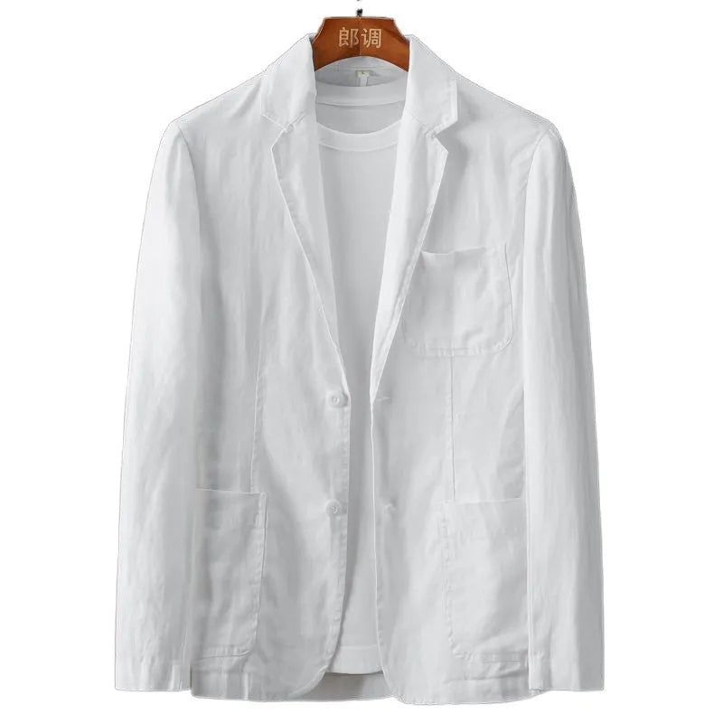Men's slim fit solid colour linen suit jacket in lightweight fabric with nine-point sleeves