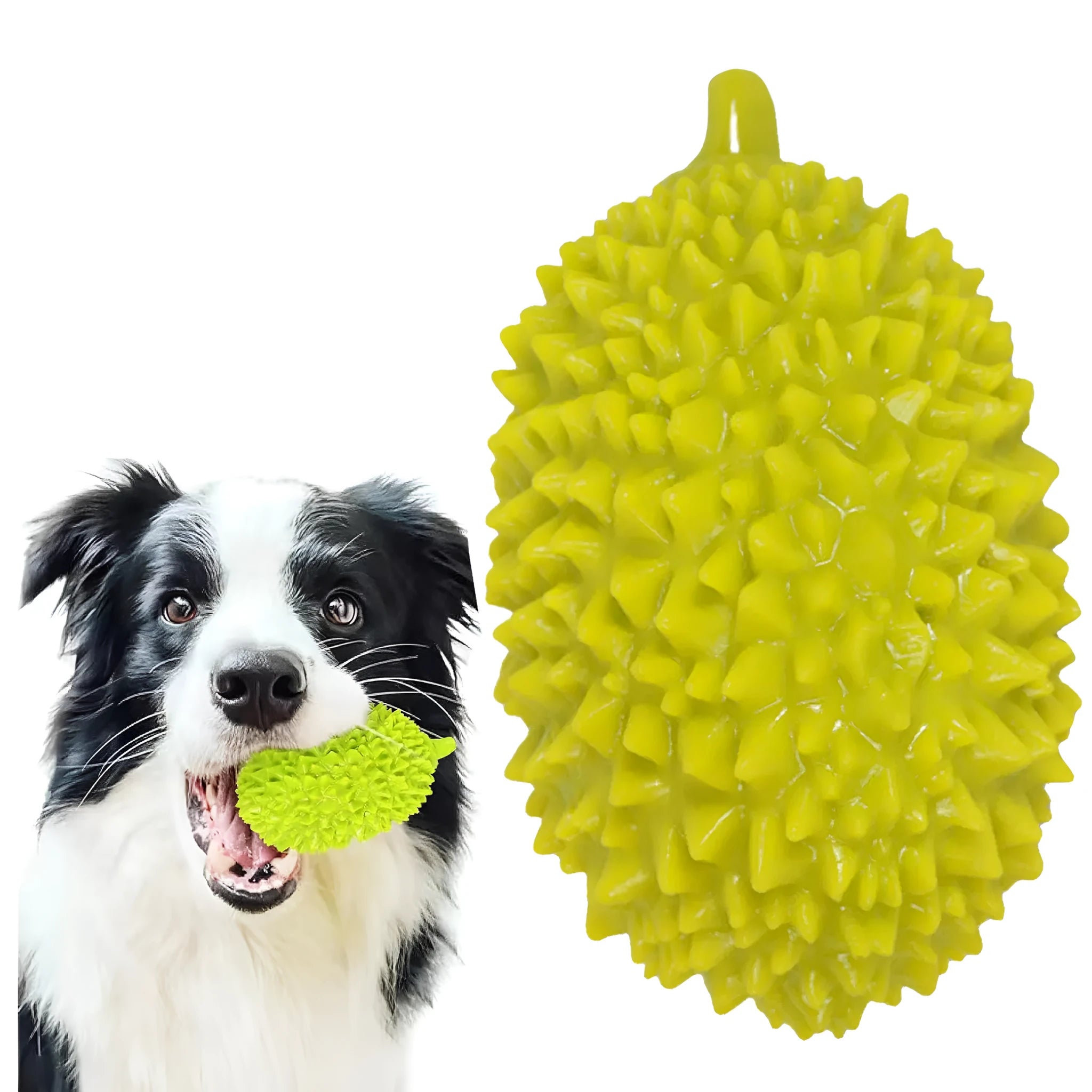 Durian-shaped dog chew toy in yellow with raised surfaces for teeth cleaning