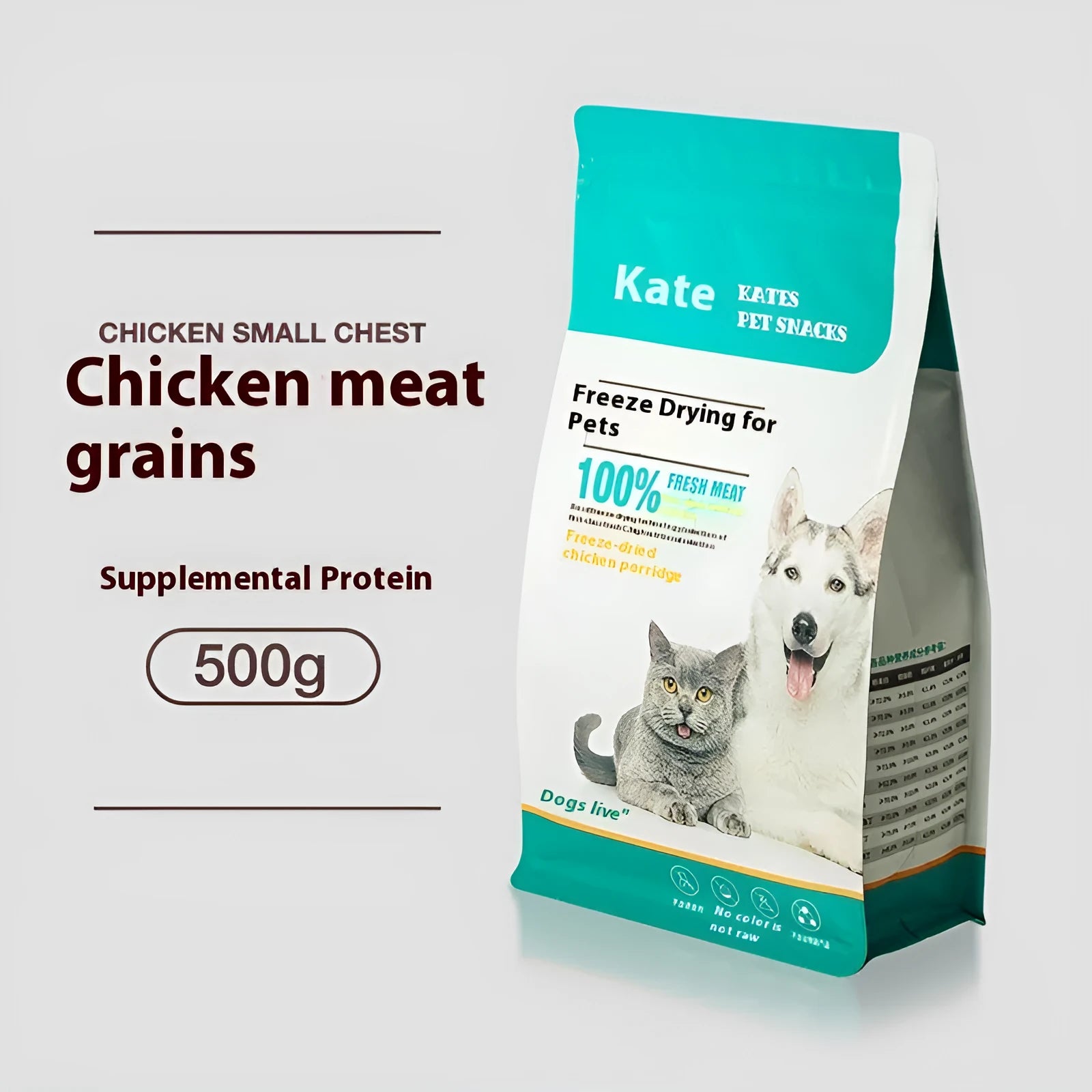 500g chicken freeze-dried cat treats in bagged and barrel packaging formats