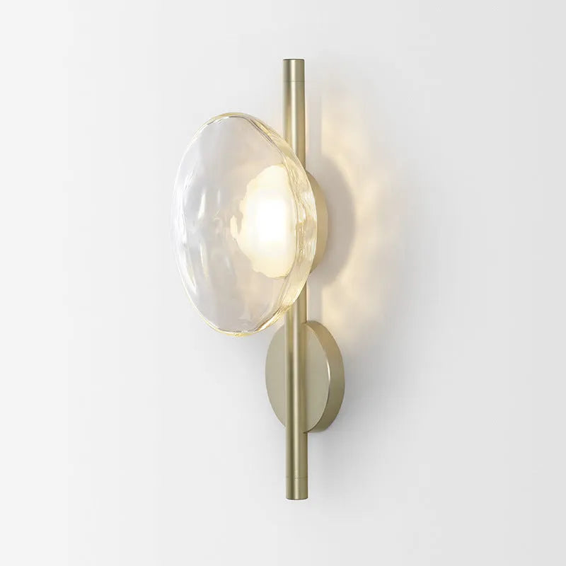 Glass art wall lamp with iron hardware in choice of transparent, frosted or smoke grey glass shade finishes