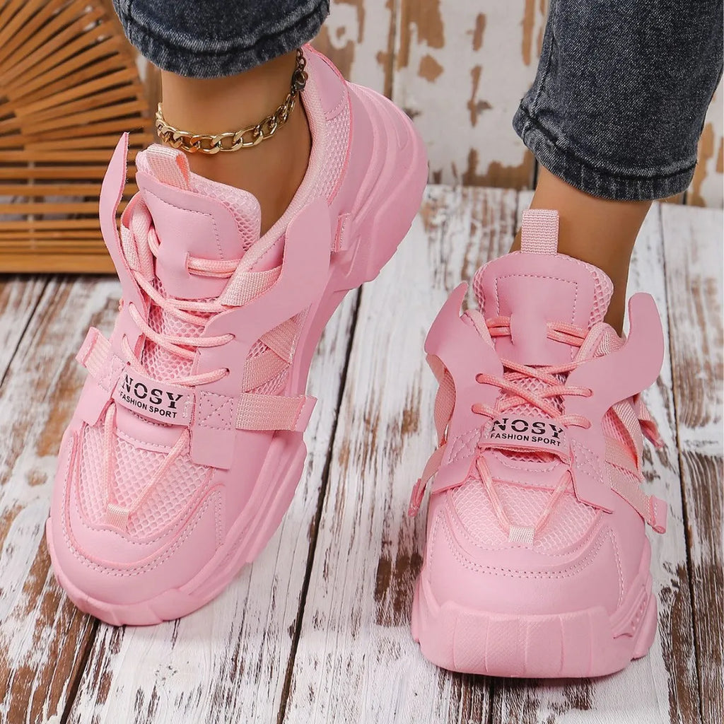 Women's platform mesh dad shoes with animal pattern, front lace-up design, available in purple, green, white, pink, yellow colours