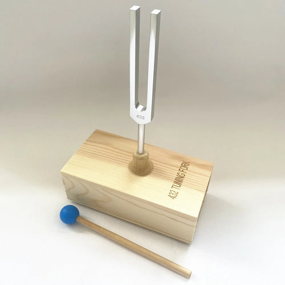 Aluminium alloy tuning fork with speaker for sound therapy, showing 432Hz and MI528 model options
