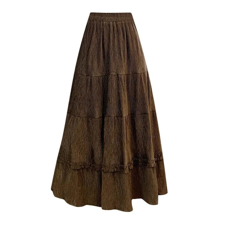 A-line corduroy midi skirt with elastic waistband in milky white colour showing 70cm length and ribbed fabric texture