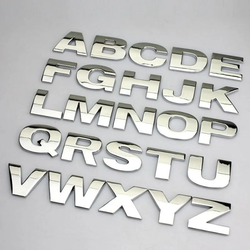 Metal zinc alloy car bumper stickers showing 3D English letters in black and silver finishes, each measuring 2.5cm