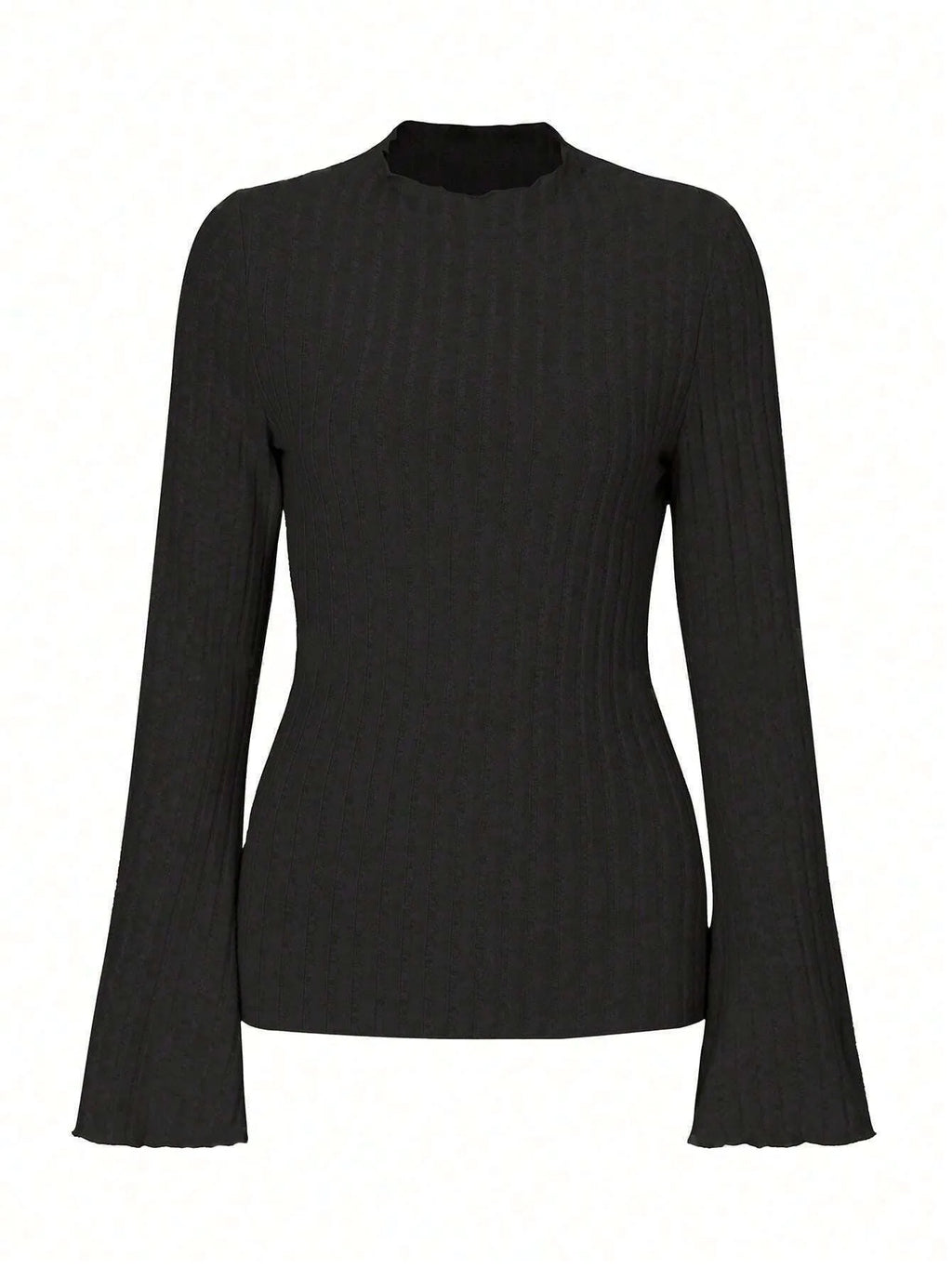 Long sleeve round neck top with lantern sleeves in brushed polyester fabric, black colour, slim fit