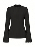 Long sleeve round neck top with lantern sleeves in brushed polyester fabric, black colour, slim fit