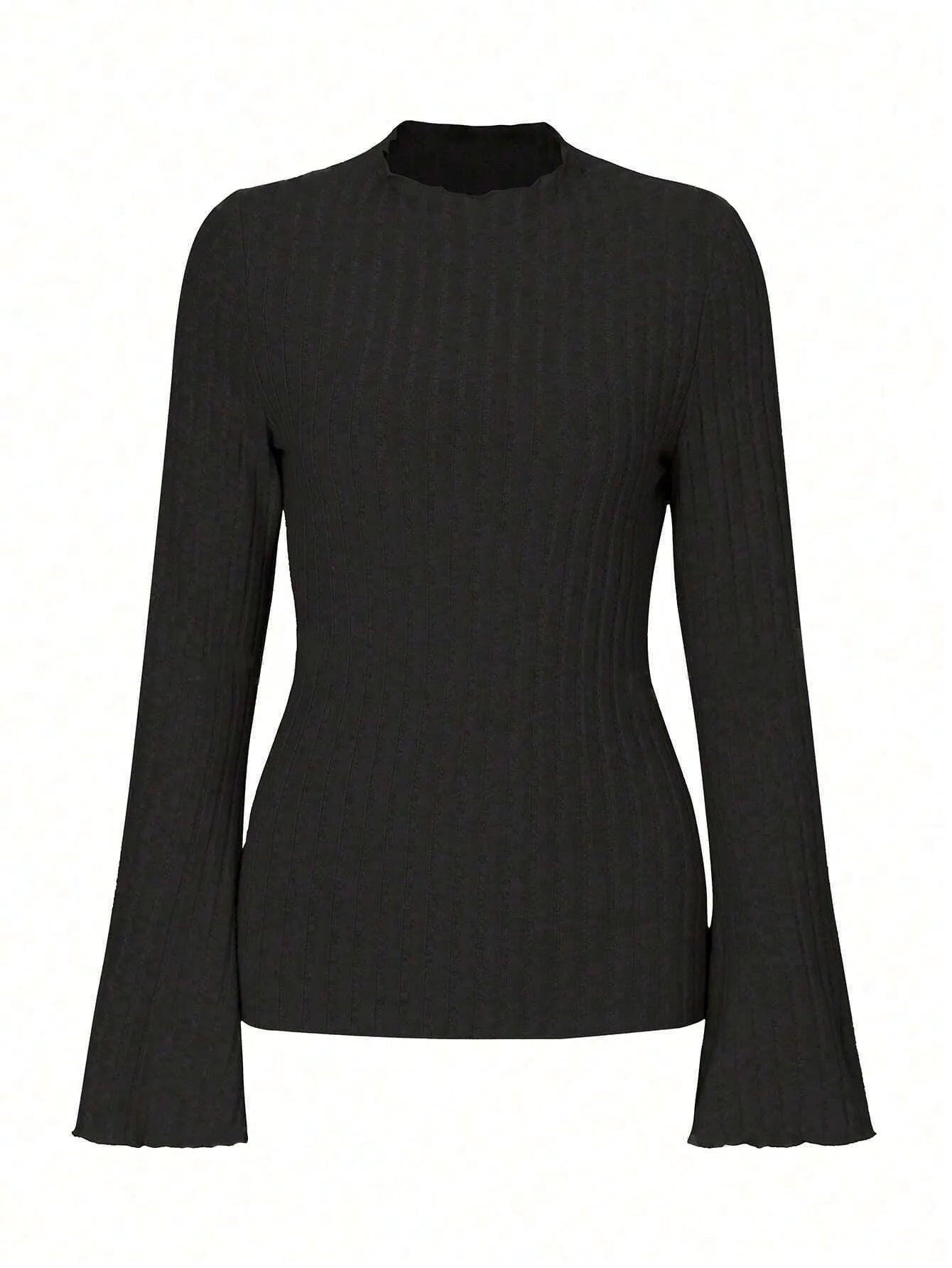 Long sleeve round neck top with lantern sleeves in brushed polyester fabric, black colour, slim fit