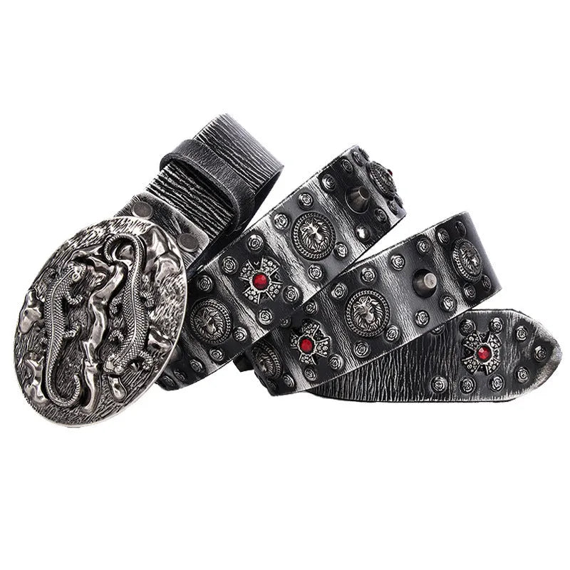 Personality punk rivet men's leather belt in genuine leather with an alloy buckle.