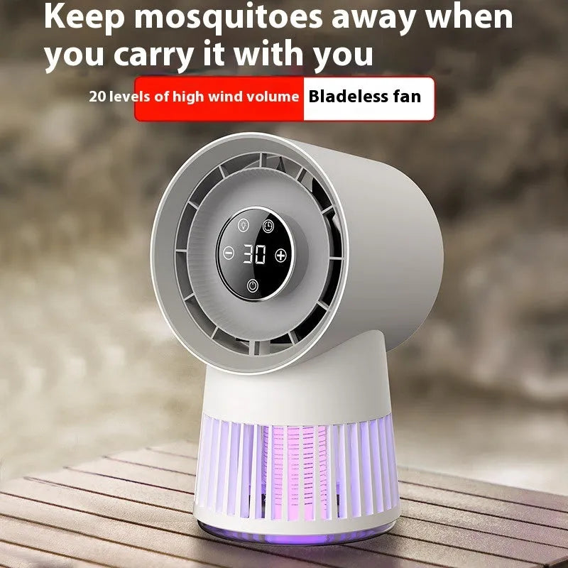 White plastic 2-in-1 mosquito killing mini desk fan with bladeless design and USB charging cable