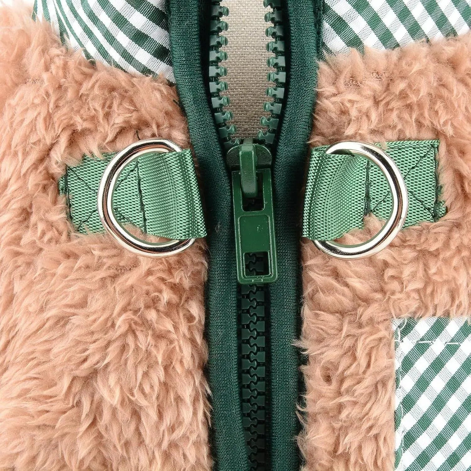 Green plush fleece dog coat with four leg openings and back zipper for small breeds