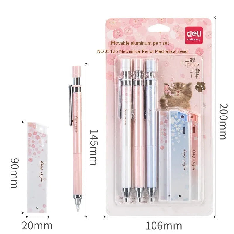 Simplified 0.5mm cartoon automatic pencil set showing three mechanical pencils and HB refill boxes