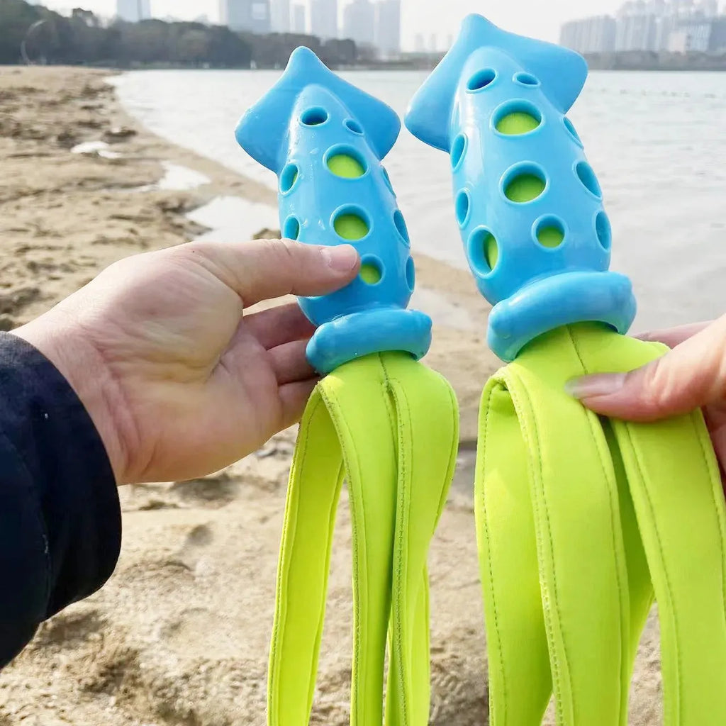 Blue cuttlefish-shaped dog chew toy approximately 39cm long with rubber and waterproof cloth construction