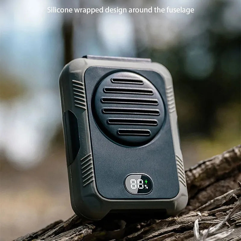 Green portable waist hanging fan with leafless design showing USB charging port and neck strap