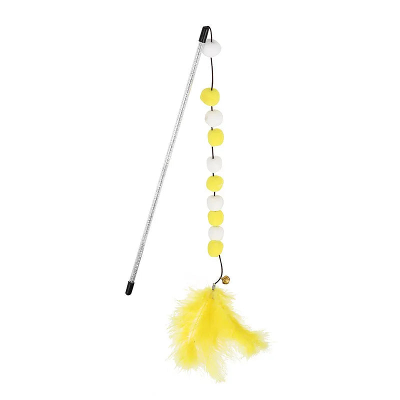 31cm long cat teaser rod with feather and bell attachments in multiple colour options