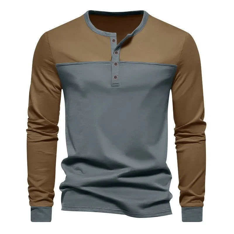 Men's brown army green long sleeve henley collar casual shirt with retro colour matching panels.