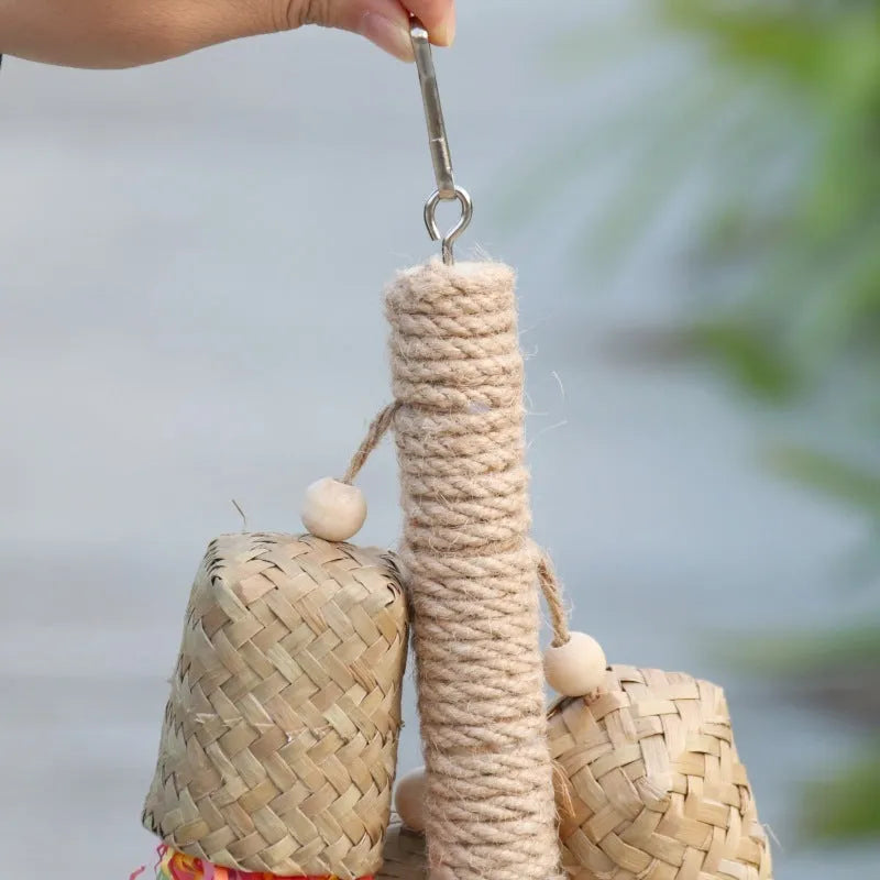 Colourful shredded paper bird toy with wood and sisal materials for parrots
