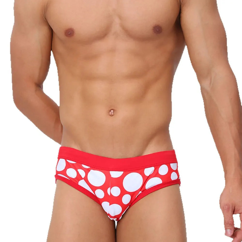 Men's triangle swimming trunks with cups, polyester, black or red ribbon cup design, sizes M to XXL