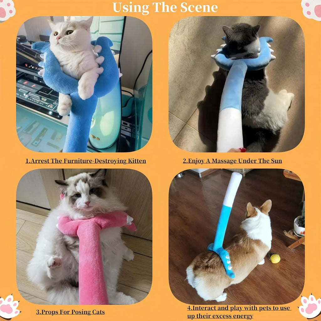 Blue plush cat wand toy with 70cm length shown during interactive play with cat