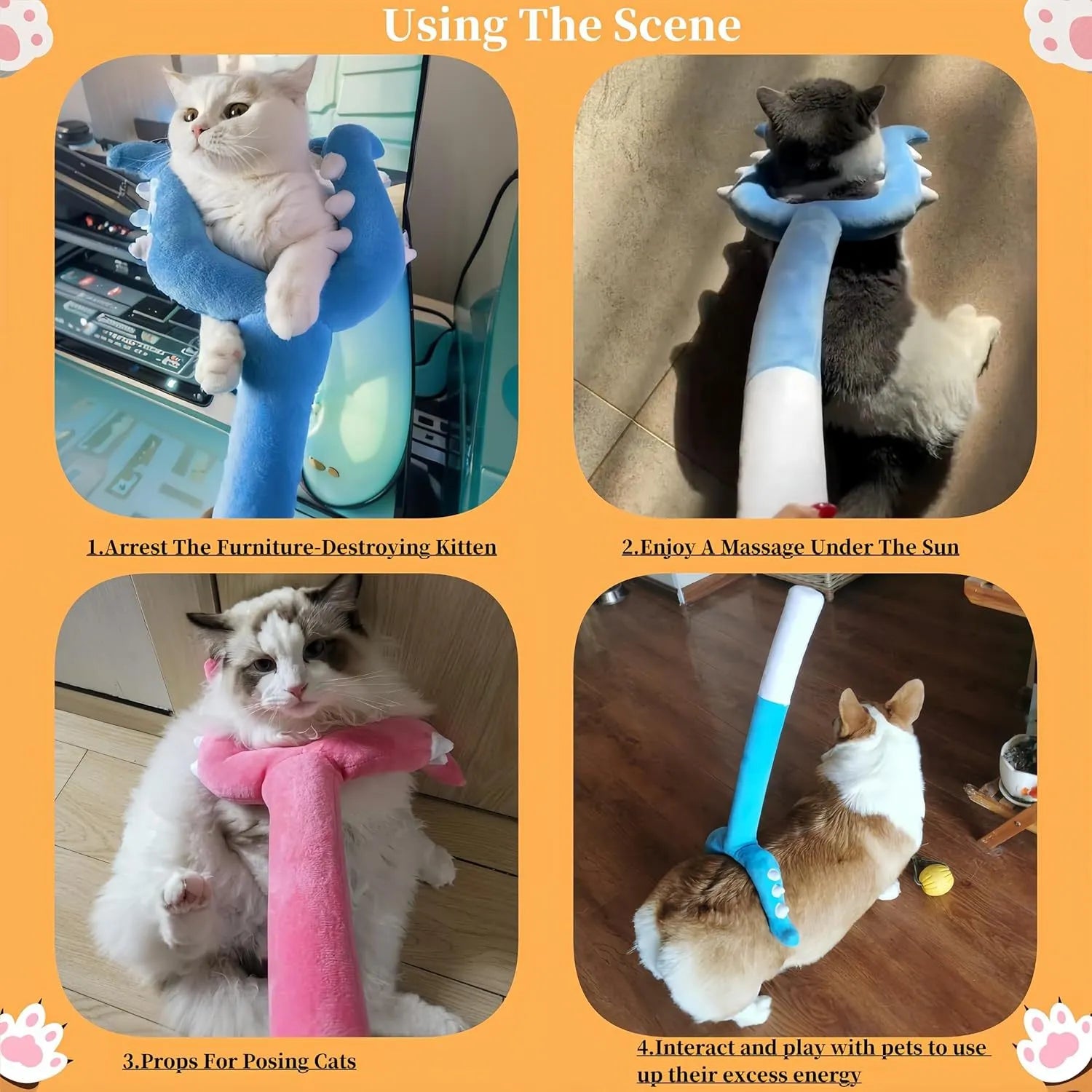 Blue plush cat wand toy with 70cm length shown during interactive play with cat