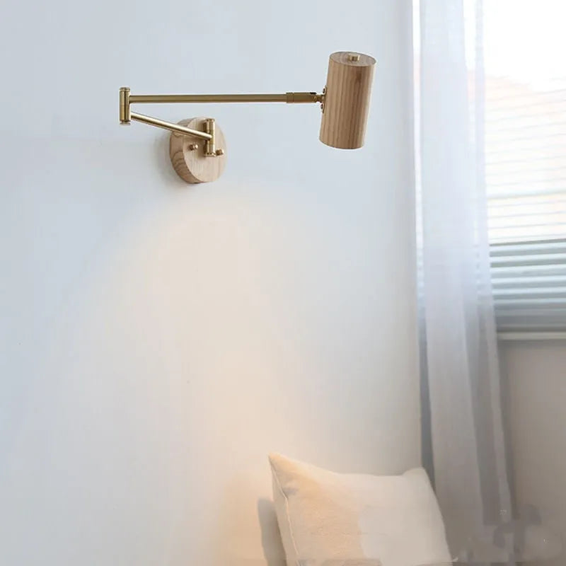 Retro style wall lamp with long rotating arm and built-in switch in walnut finish