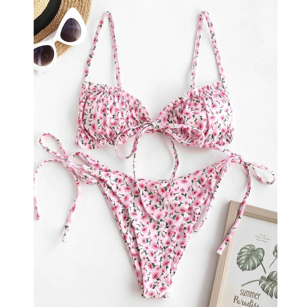 Women's blue printed multi-rope banded bikini swimsuit with short sleeves and lapel collar