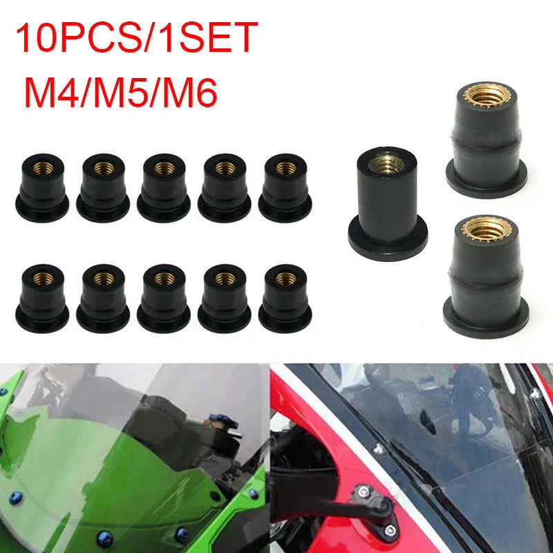 Pack of 10 black rubber brass well nut fasteners for motorcycle windshields in M4, M5, and M6 sizes.