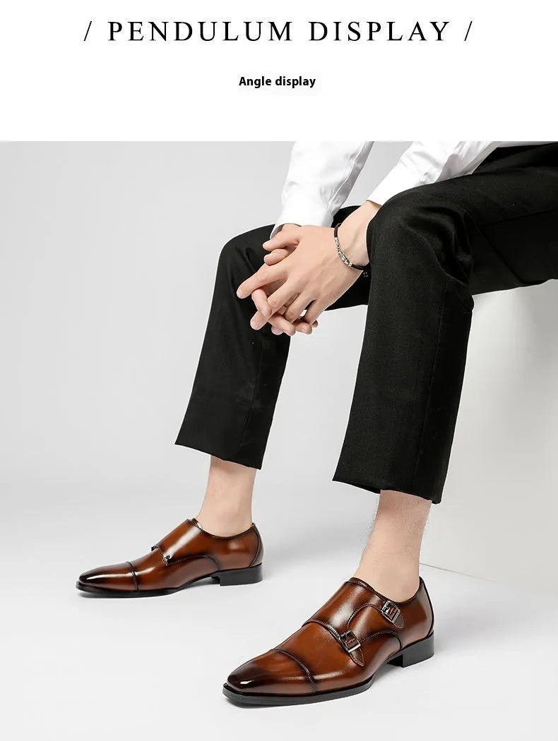 Men's black and light brown leather casual shoes with a square toe and low-top design