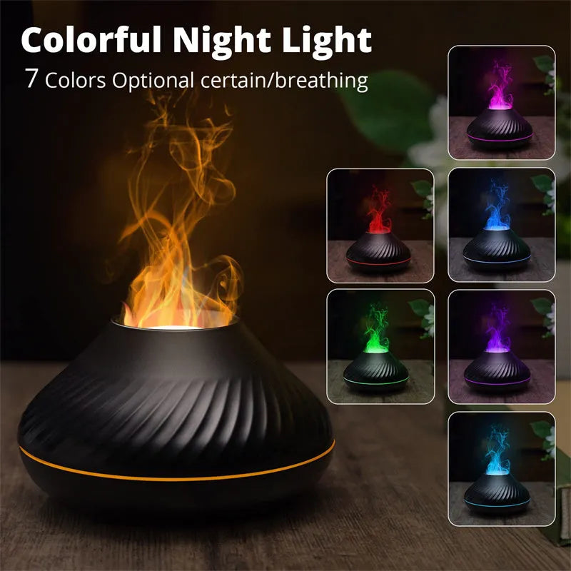 Beige USB aromatherapy diffuser with flame effect lighting on wooden table