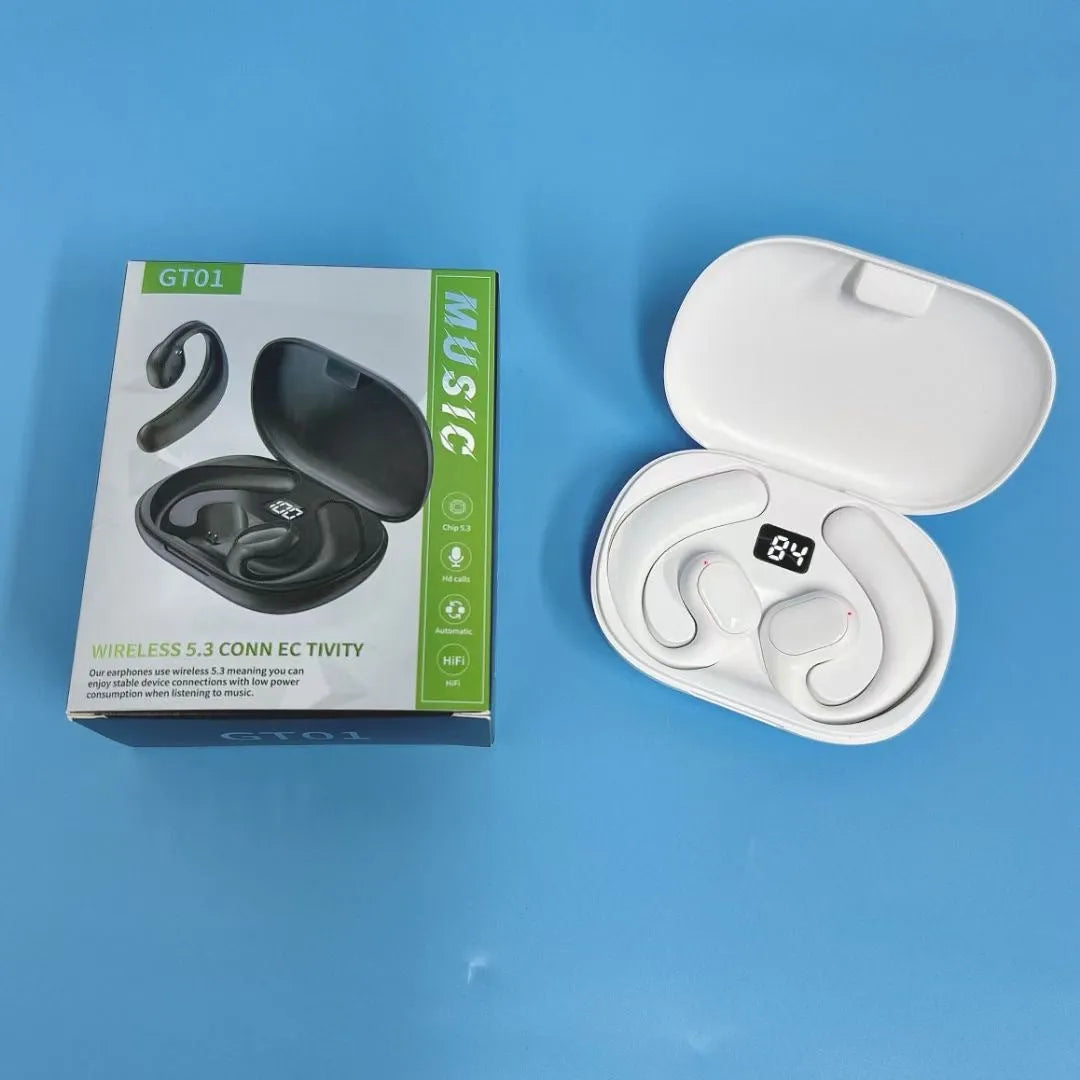 Black ear-mounted Bluetooth headset showing digital display screen and breathing light, worn on outer ear