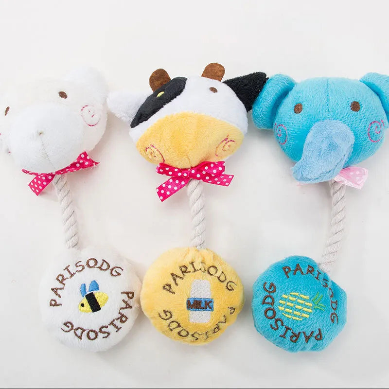 Plush dog toys with animal designs including frog, elephant, cow and bear with cotton rope sections