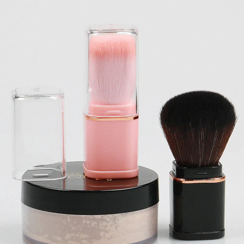 Retractable single head powder blusher brush with artificial fibre bristles, 7cm total length, Black or Pink