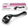 Derma roller with 540 titanium microneedles in black or purple, showing adjustable needle sizes from 0.2mm to 1.0mm