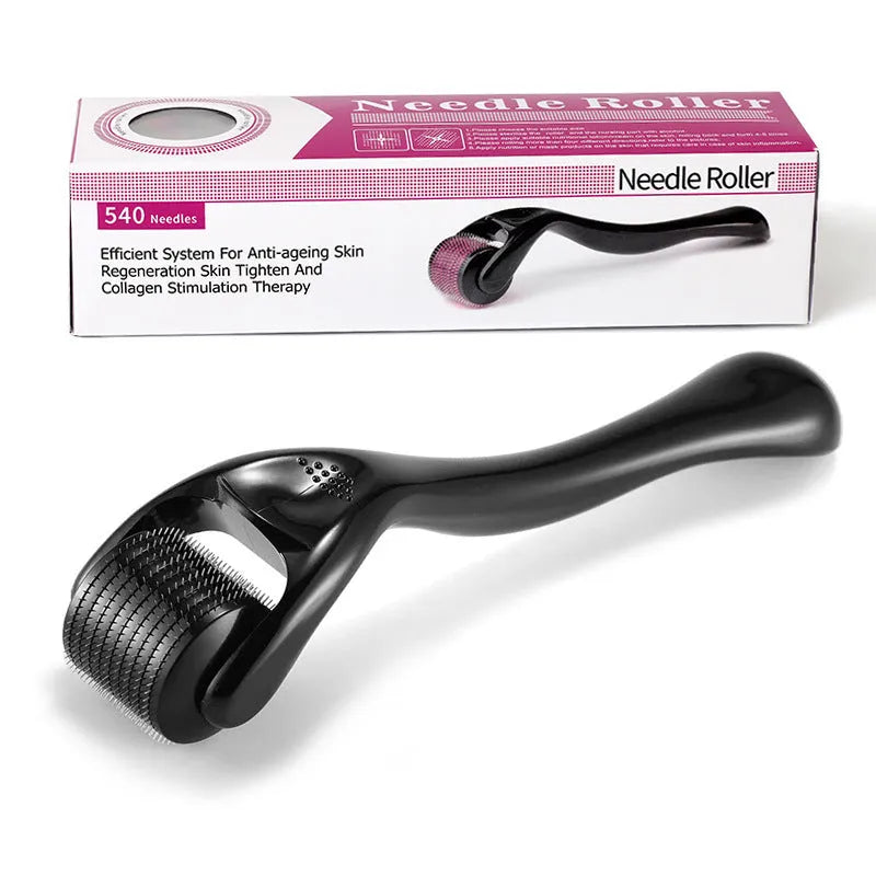 Derma roller with 540 titanium microneedles in black or purple, showing adjustable needle sizes from 0.2mm to 1.0mm