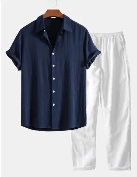 Casual cotton linen short sleeve suit in navy blue with half sleeves and matching trousers
