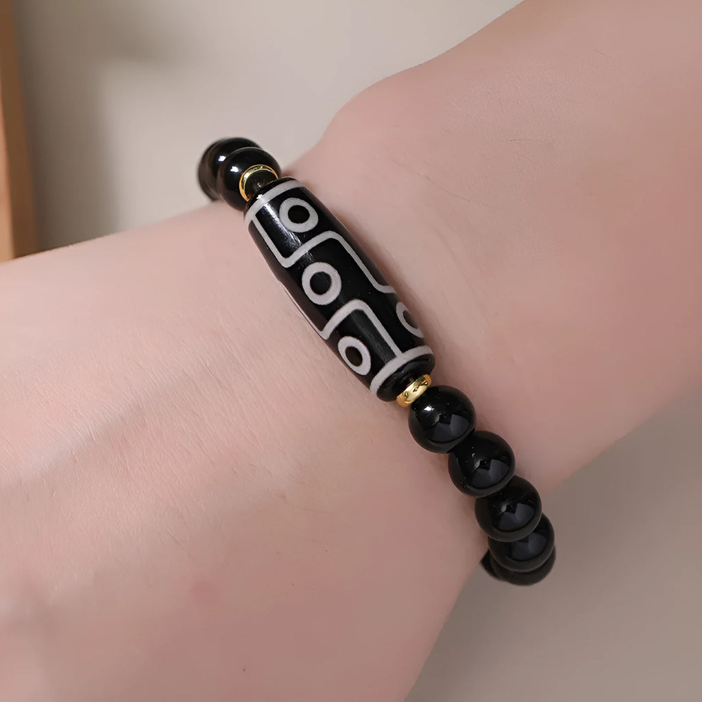 Obsidian agate Dzi bead bracelet with Tibetan ethnic patterns, unisex couple-style design