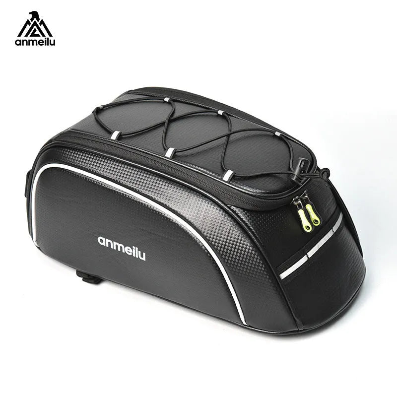Black waterproof bicycle rear rack bag with 8-litre capacity on bike rack
