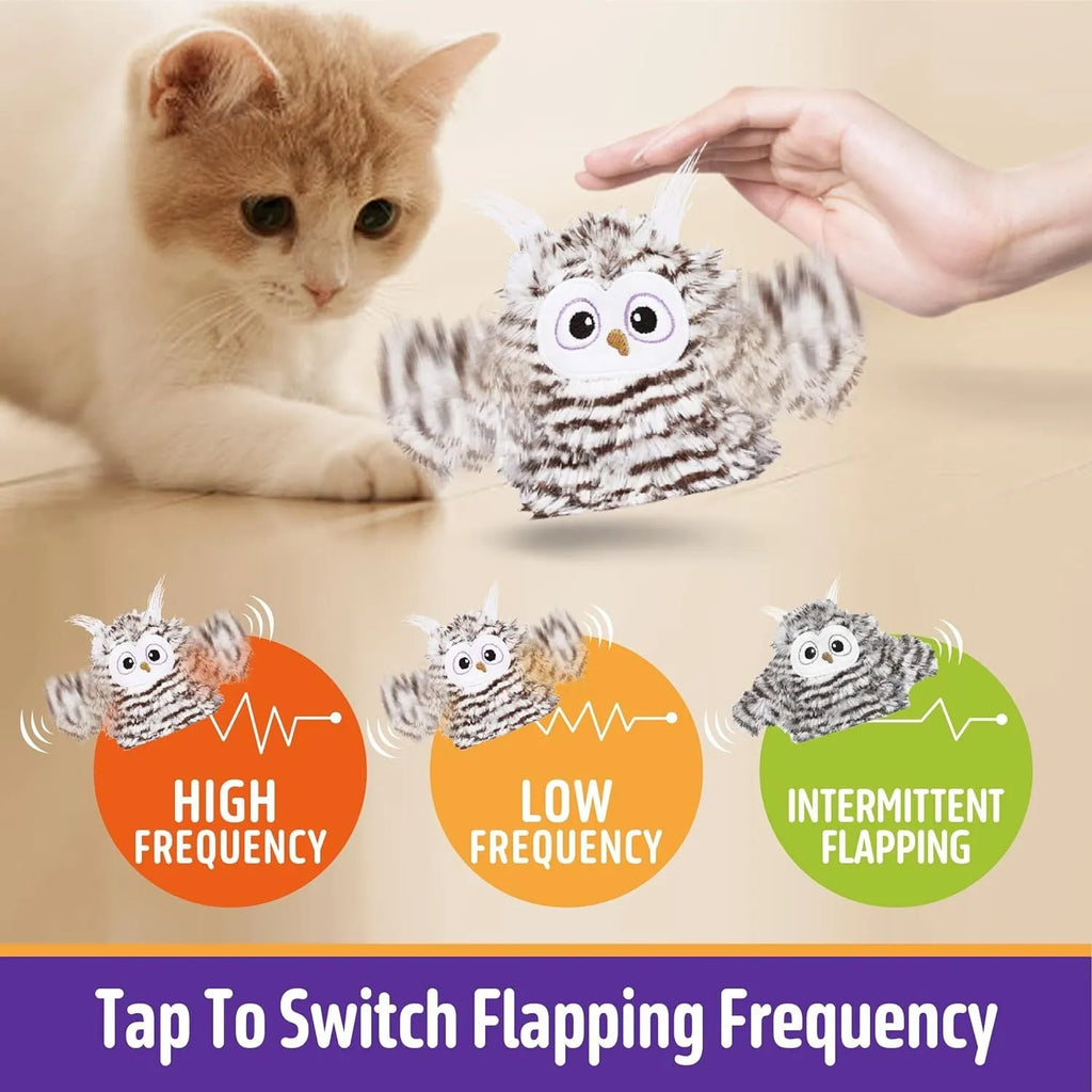 Grey interactive owl cat toy with automatic chirping and flapping wings, includes catnip, USB rechargeable