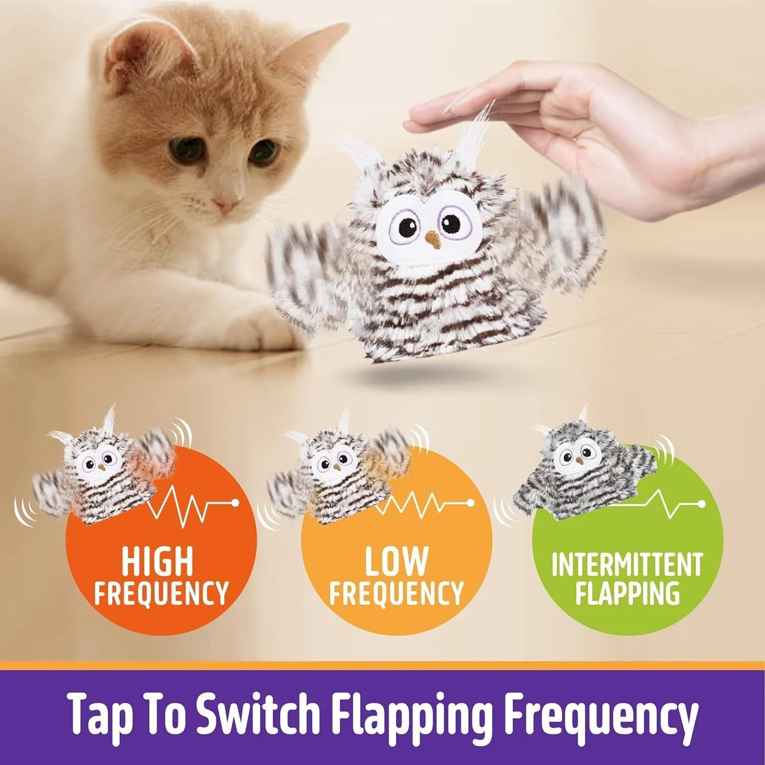 Grey interactive owl cat toy with automatic chirping and flapping wings, includes catnip, USB rechargeable