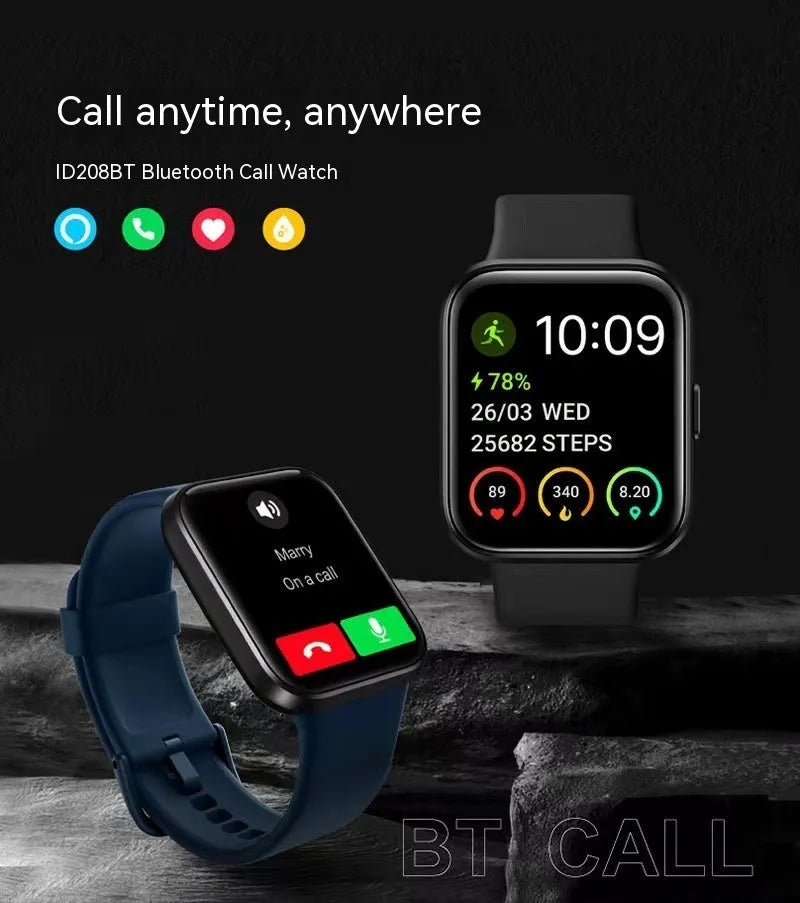 Smart watch with colour screen displaying health metrics, shown in black, blue, green, and pink colour options
