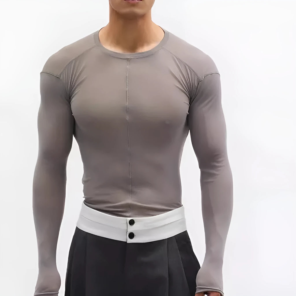 Mesh see-through texture slim-fit black pullover long sleeve with round collar, ultra-thin PU fabric
