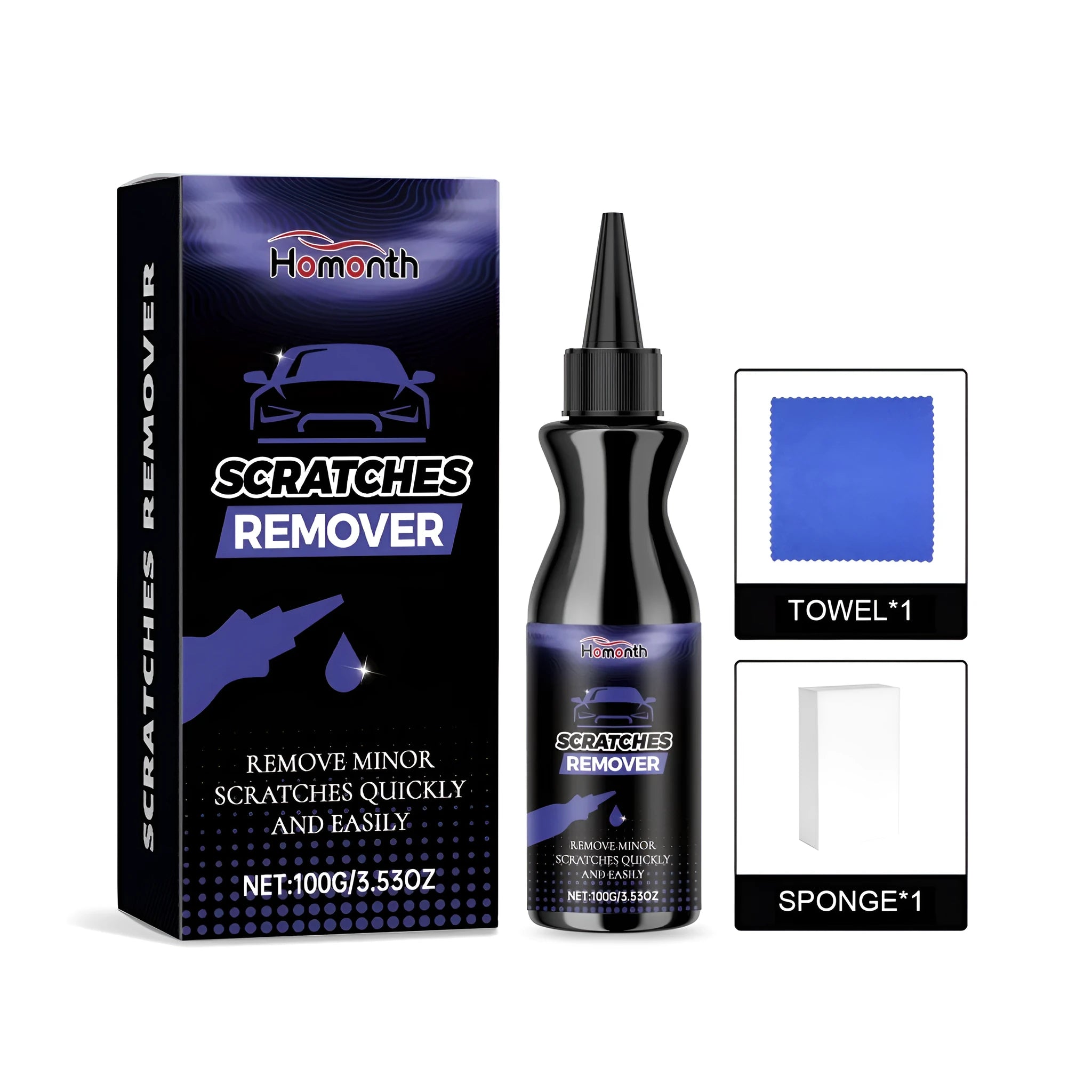 Car scratch repair kit with 100g paste container, application sponge and microfiber towel