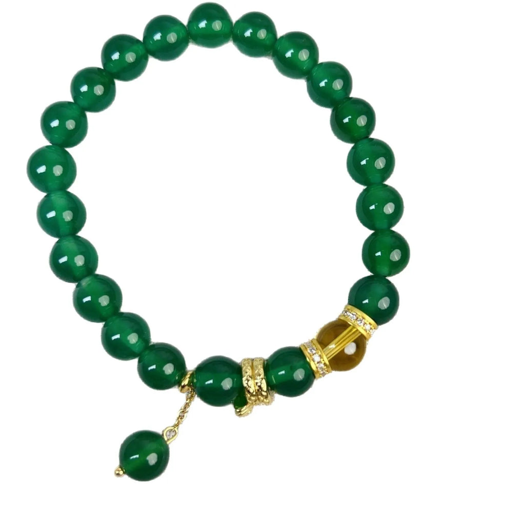 Green chalcedony and red agate roll wealth snake bracelet with copper fittings on wrist