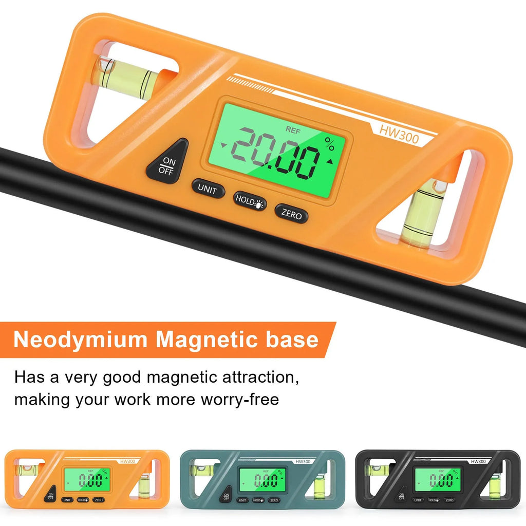 Digital inclinometer level meter with magnetic base showing angle display, measuring 115mm long