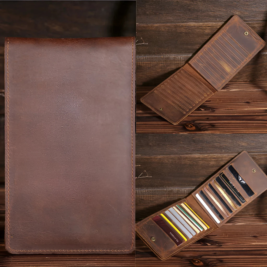 Men's long cowhide leather wallet showing card slots, money pocket, and mobile phone compartment.