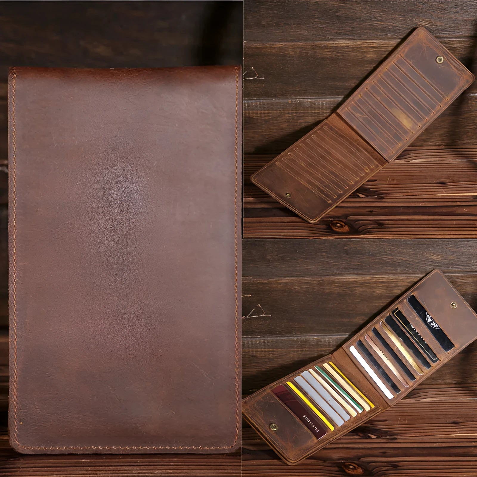 Men's long cowhide leather wallet showing card slots, money pocket, and mobile phone compartment.